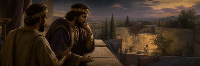 David on his rooftop looking toward Bathsheba’s distant courtyard beside a messenger